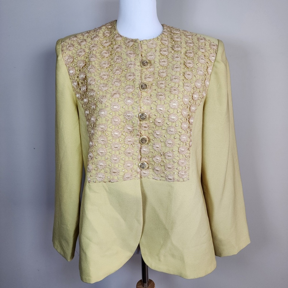 VTG Serge Belair Paris Lace Overlay Blazer Jacket Yellow Chartreuse French Large